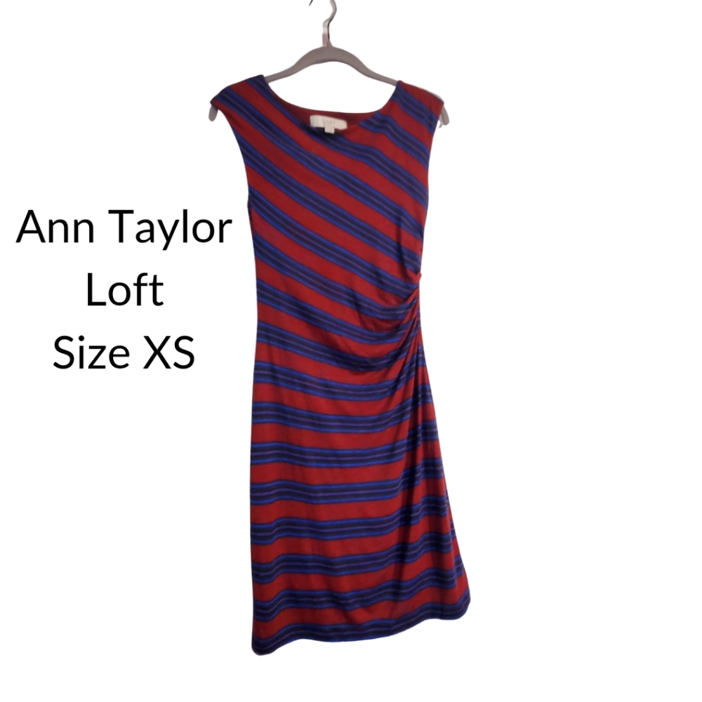 Ann Taylor Loft Maroon Dress With Stripes Of Navy, Blue, Black, & Purple. XS